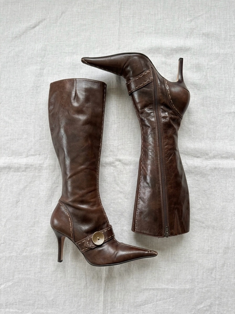 Faith’s Real Leather Pointed-Toe Stiletto Knee Boots with Decorative Buckle